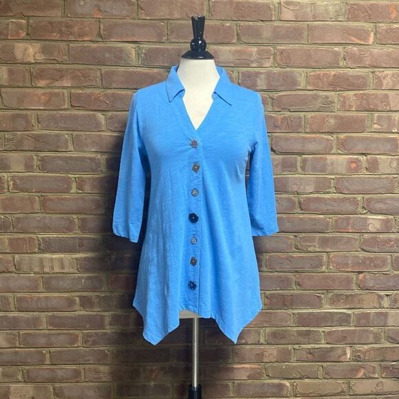 Soft Surroundings Blue Danielle Button Top Size Small - Picture 2 of 6
